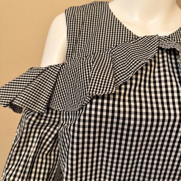 Lauren Ralph Lauren Black & White Gingham Ruffle Cold-Shoulder Blouse - Size L - Picture 3 of 10